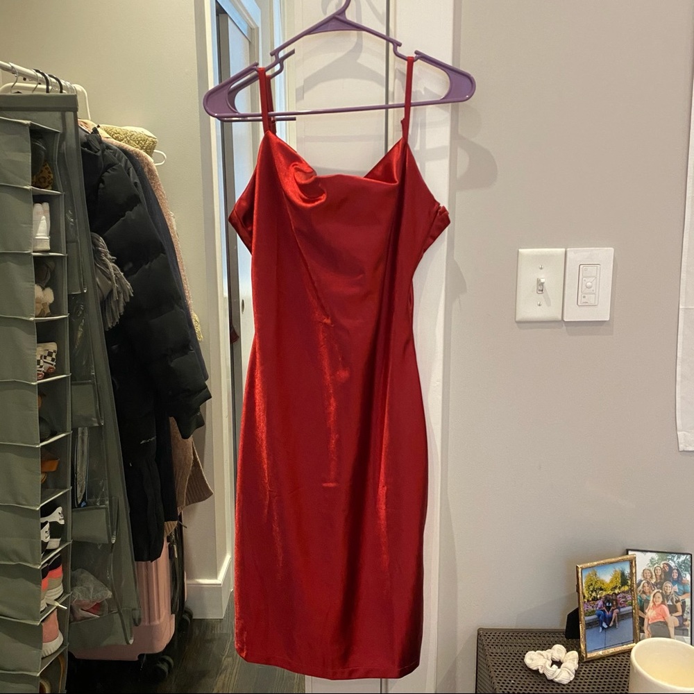 Side slit red satin dress